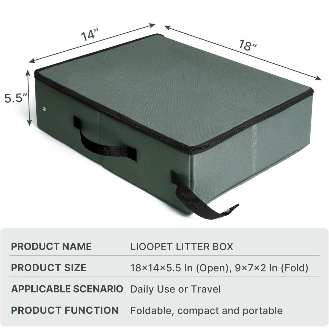 Portable Litter Box with Lid, Leak-Proof Collapsible Cat Litter Box Great for Travel Hotel Stays and Road Trip 18x14x5.5 Inches (olive gray box, collapsible bowl, & scoop, Large)