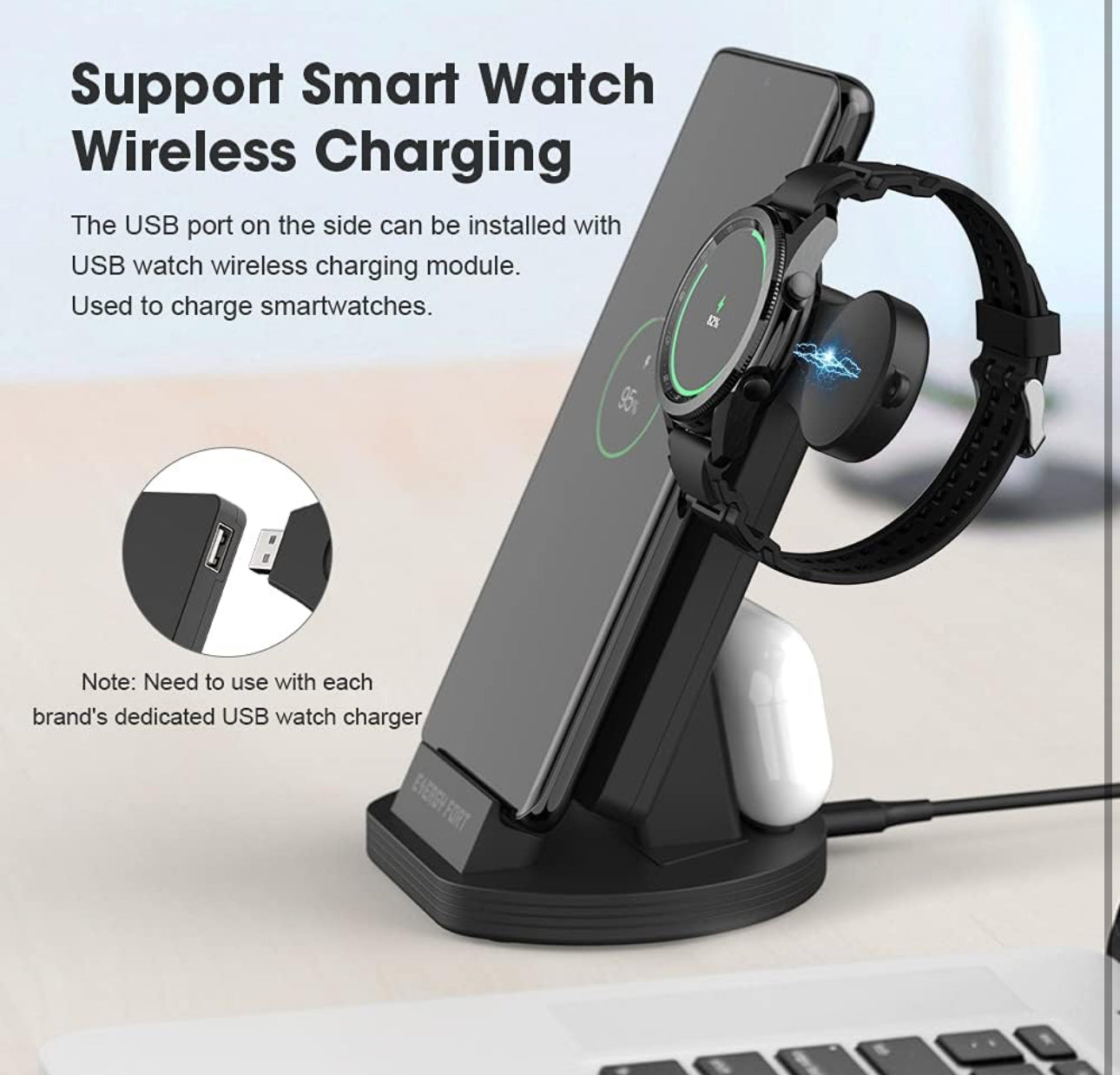 Energy Fort 3-in-1 Wireless Charger Station Dock for Samsung, Huawei, USB C Magnetic Charging and Wireless Charging for AirPods Pro/Qi Phones, Send USB Watch Charger