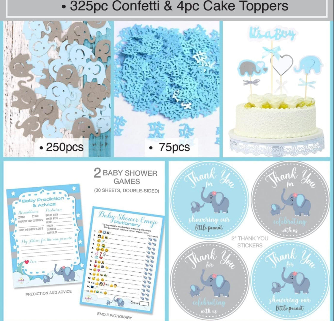 597 Piece Blue Elephant Baby Shower Decorations for Boy Kit