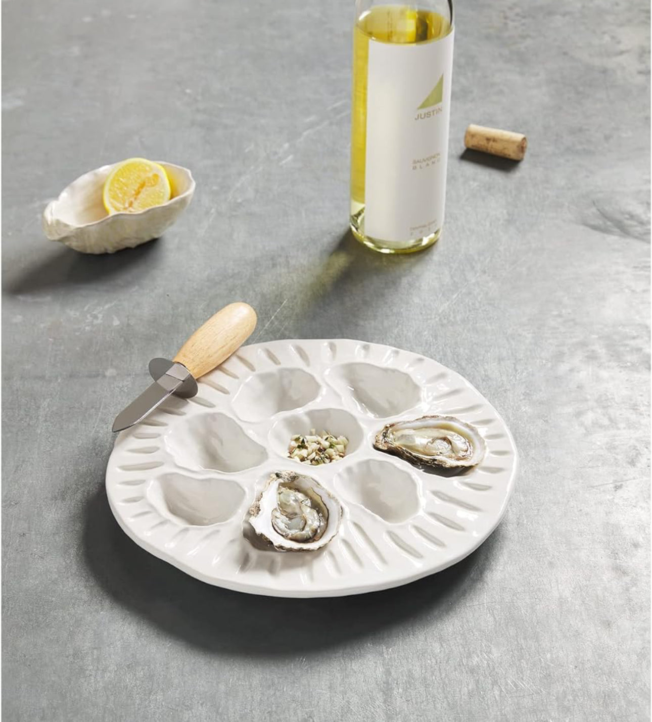 Mud Pie Circa Oyster Server with Shucker, White, Plate 10.5" | Knife 6"
