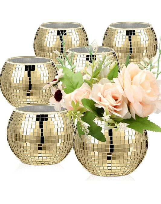 Inbagi Disco Ball Vase, 6 Pieces, Gold, 3 x 4 Inch, Textured Glass, Round, Modern, Sturdy, Solid, Flowers, Wedding, Living Room, Bedroom, Kitchen Decoration