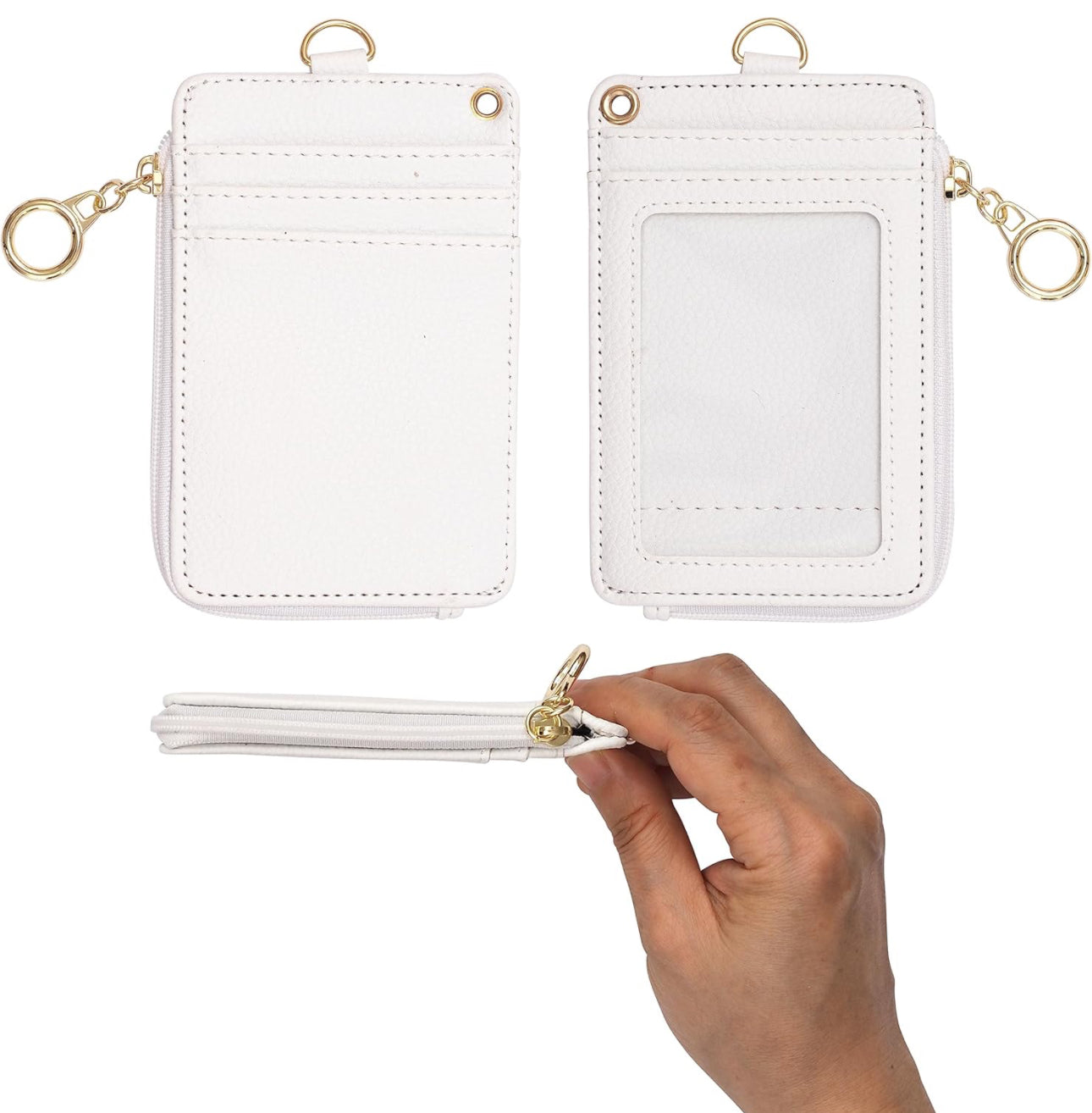 2-in-1 ID Badge Holder & Lanyard Wallet - Multi-Use Womens Small Wallet with Removable Wristlet & Neck Lanyard, Clear Window, 5 Card Slots, Phone Holder, Ring Keychain - Off White