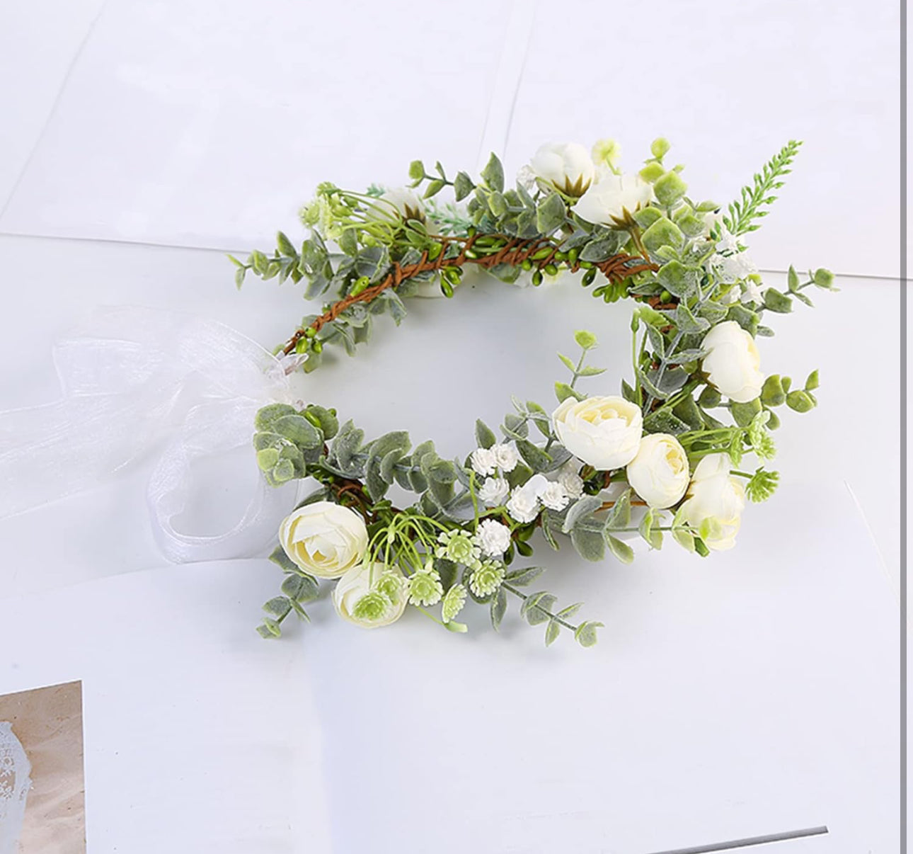 Vivivalue Rose Flower Crown Flower Garland Headband Hair Wreath Floral Headpiece Halo Boho with Ribbon Wedding Party White