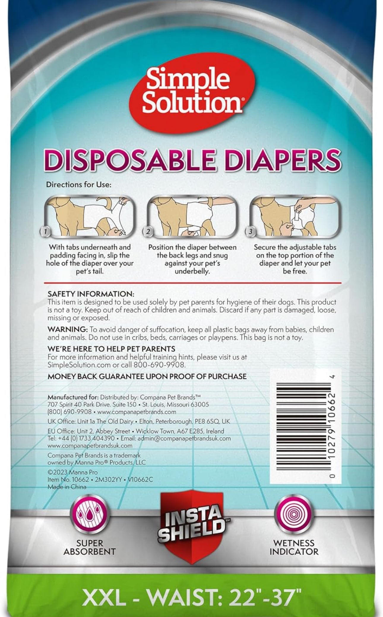 Simple Solution True Fit Disposable Dog Diapers for Female Dogs - Super Absorbent with Wetness Indicator - XXL (Waist 22-37in) - 30 Count