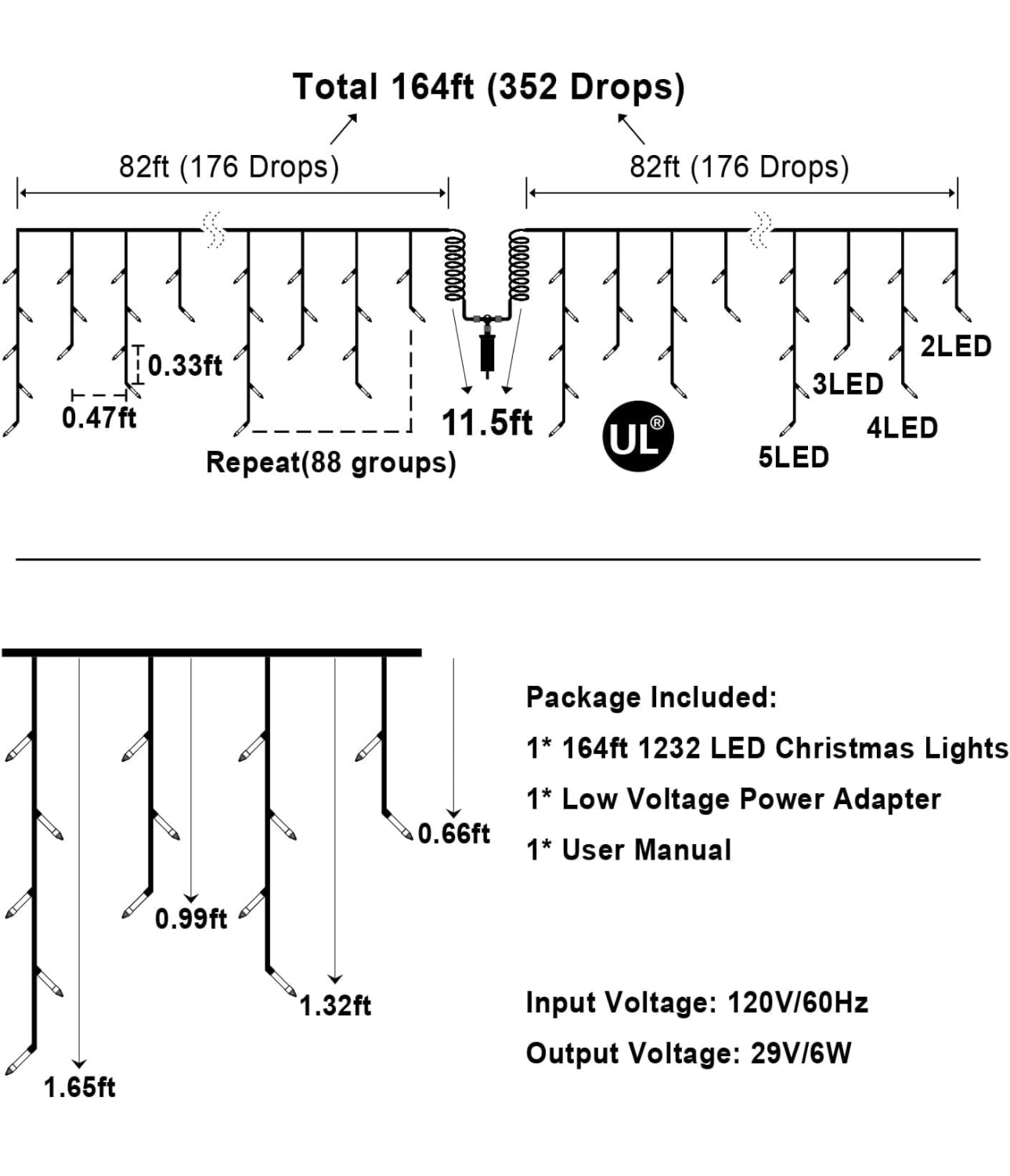 164 FT Outdoor multicolor Christmas Lights with 352 Drops, Christmas Decorations Fairy Lights 1232 LED 8 Modes, Plug in Waterproof