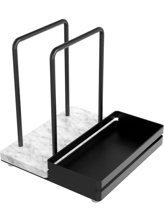 Napkin Holder, Marble Napkin Holder for Table with Salt and Pepper Shakers Caddy, Standing Paper Napkin Storage for Kitchen Dining Table Decor, Marble & Metal Base, Black