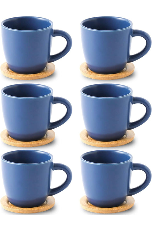 Hasense 8 oz Tea Cups and Saucers Set of 6, Ceramic Coffee Cups Latte Cappuccino Cups with Handle for Double Shot, Cafe Mocha, Espresso, Porcelain Coffee Cups for Party Home and Kitchen, Blue