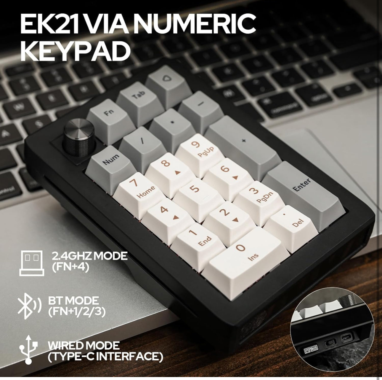 EPOMAKER EK21 VIA Gasket Number Pad, Bluetooth 5.0/2.4ghz/Wired Hot Swappable Numpad, with Poron Foam, Aluminum Alloy Knob, 1000mAh Battery, Programmable for Win/Mac/Gaming (Wisteria Linear Switch)