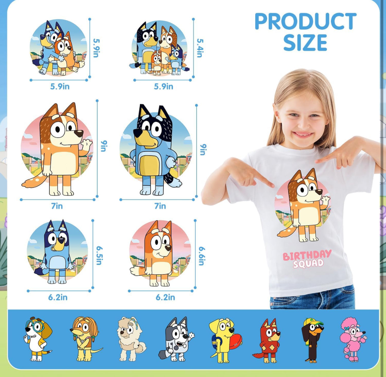 Bluey & Friends Birthday Iron on Transfer for Family Members Shirts - Blue Dog Print Matching Tees Shirt Silhouette Heat Decal Vinyl Patches Applique for Birthday Party Clothing Decoration Supplies