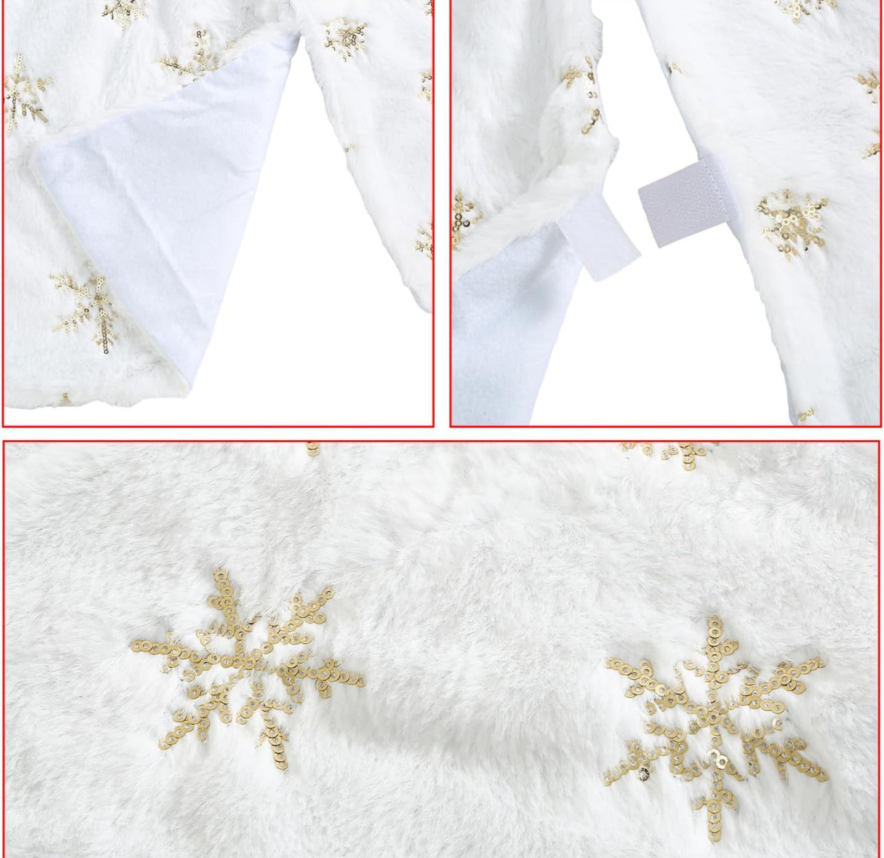 Masnest 48 Inch Faux Fur Christmas Tree Skirt,White Plush Golden Sequin Snowflake Xmas Christmas Tree Skirt (Golden, 48 inch)