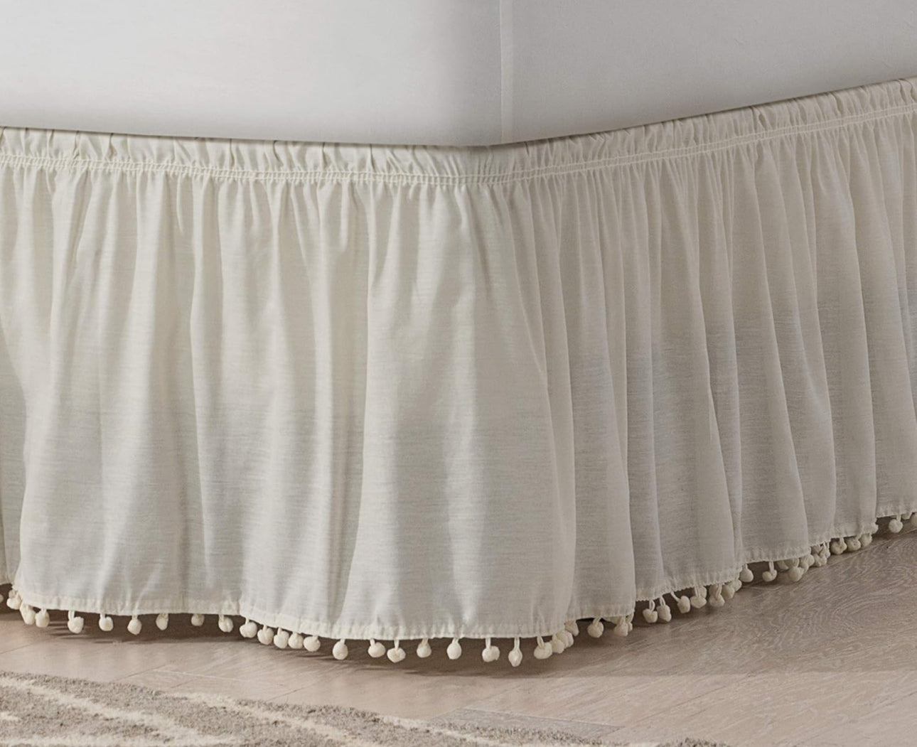 Easy FIT Pom Pom Elastic Wrap Around Bed Skirt, Easy On/Off Dust Ruffle (18 Inch Drop), Queen/King, Ivory