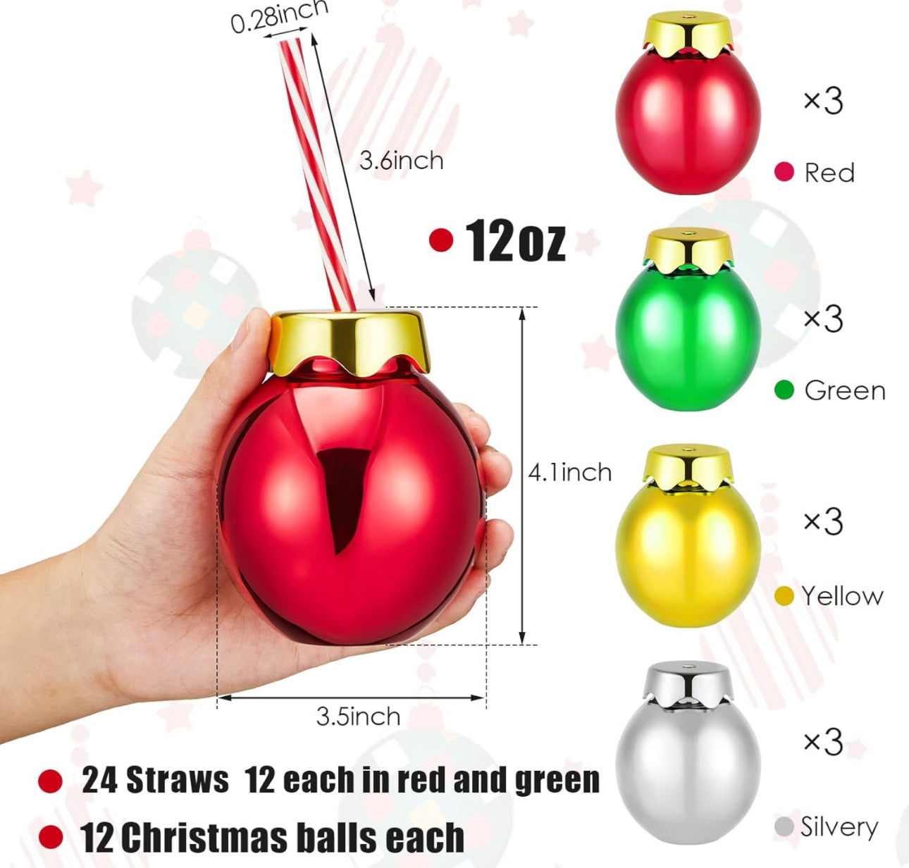 Suclain 12oz Christmas Cups with Lids and Straws Reusable Light Bulb Cups Holiday (Gold, Green, Red, Silver, 12 Pcs)