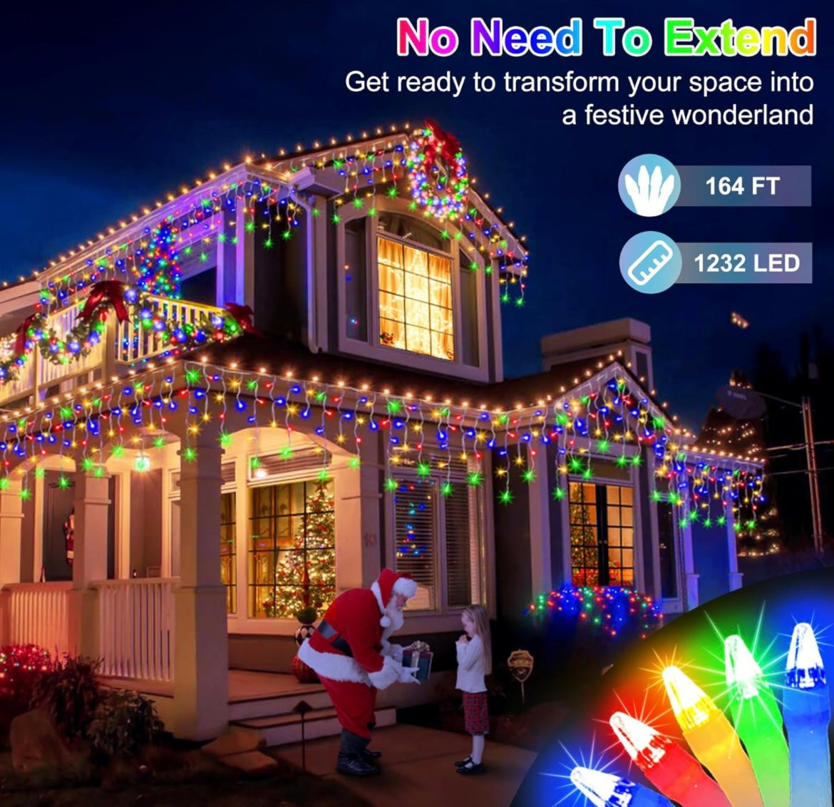 164 FT Outdoor multicolor Christmas Lights with 352 Drops, Christmas Decorations Fairy Lights 1232 LED 8 Modes, Plug in Waterproof