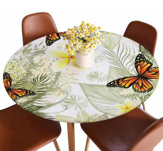 Guxxuil Butterfly Flower Round Fitted Tablecloth Gentle Vintage Botanical Hydrangea Garden Yellow Elastic Edge Tablecloth Waterproof Oilcloth Table Cover for 40"-44"