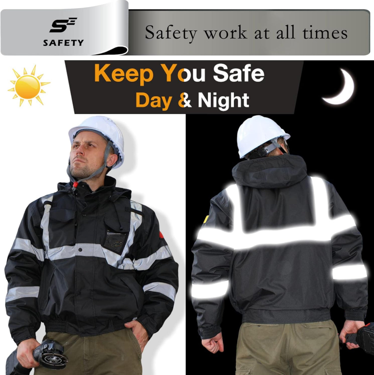 sesafety Reflective Hi Vis Bomber Black Jacket Men, High Visibility Safety Rain Jacket for Men, Work, Construction, L