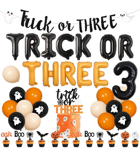 Trick or Three Theme Halloween 3rd Birthday Party Decorations Number 3 Trick or Three Foil Balloons Banner Garland Orange Black Cake and Cupcake Toppers for Halloween 3rd Birthday Party Decor Supplies