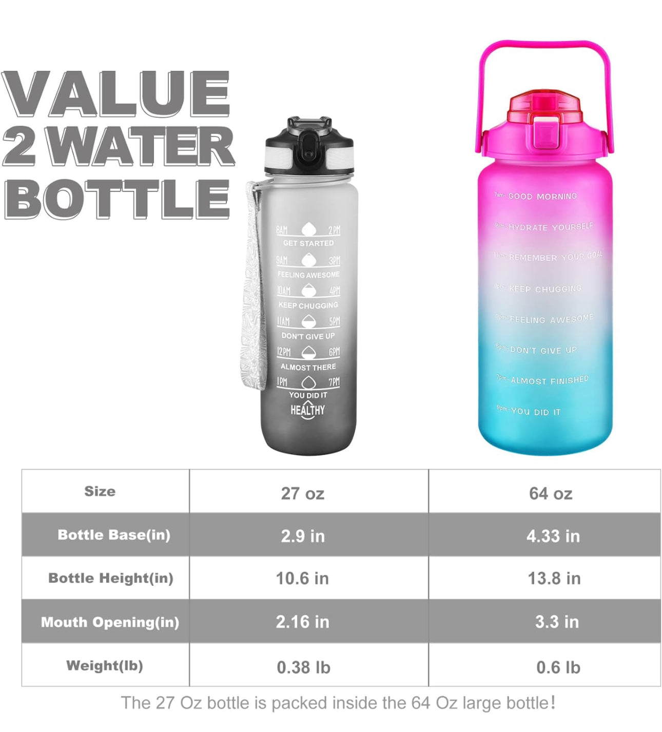 VOGVOG 2 Pack Water Bottles 64 Oz + 27 Oz, Sport Water Bottle with Straw & Time Marking,Gym Drinks Bottle, Half Gallon Motivational Water Jug for Women, BPA Free
