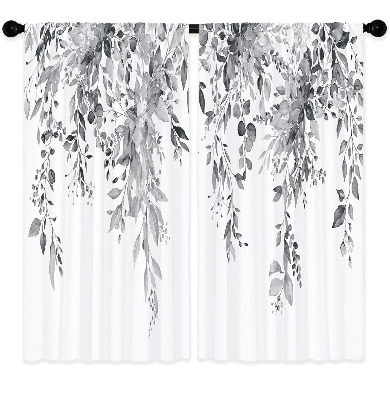 Laifzere Eucalyptus Grey White Leaves Curtains, Black Botanical Flower Window Curtains 42x63 Inch for Bedroom Living Room Decor, Floral Plant Herb Window Drapes Treatment Draperies Fabric (2 Panels