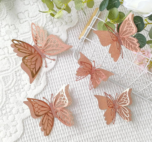 Ereniko 3D Big Double Butterfly Wall Decor Rose Gold Birthday Party Stickers Baby Shower Cake Balloon Effect, 22 pc