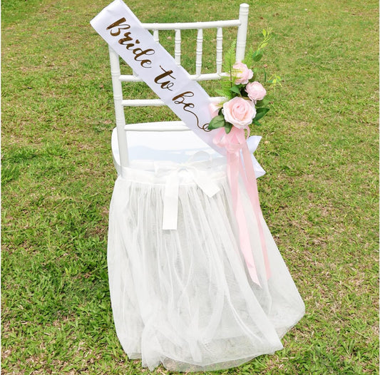 Chair Tulle Tutu Decoration with Sash for Bridal Shower, White Tulle Chair Skirt Fluffy Bridal Chair Decor for Wedding Bridal Shower Bridal Party bridal luncheon fit for Standard Chair