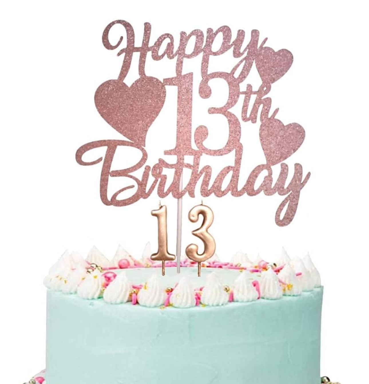 Happy 13th Birthday Cake Topper, Rose Gold 13th Birthday Cake Topper, 13th Birthday Cake Topper for Girls with Number 13 Candles for Girl 13th Birthday Party Decorations