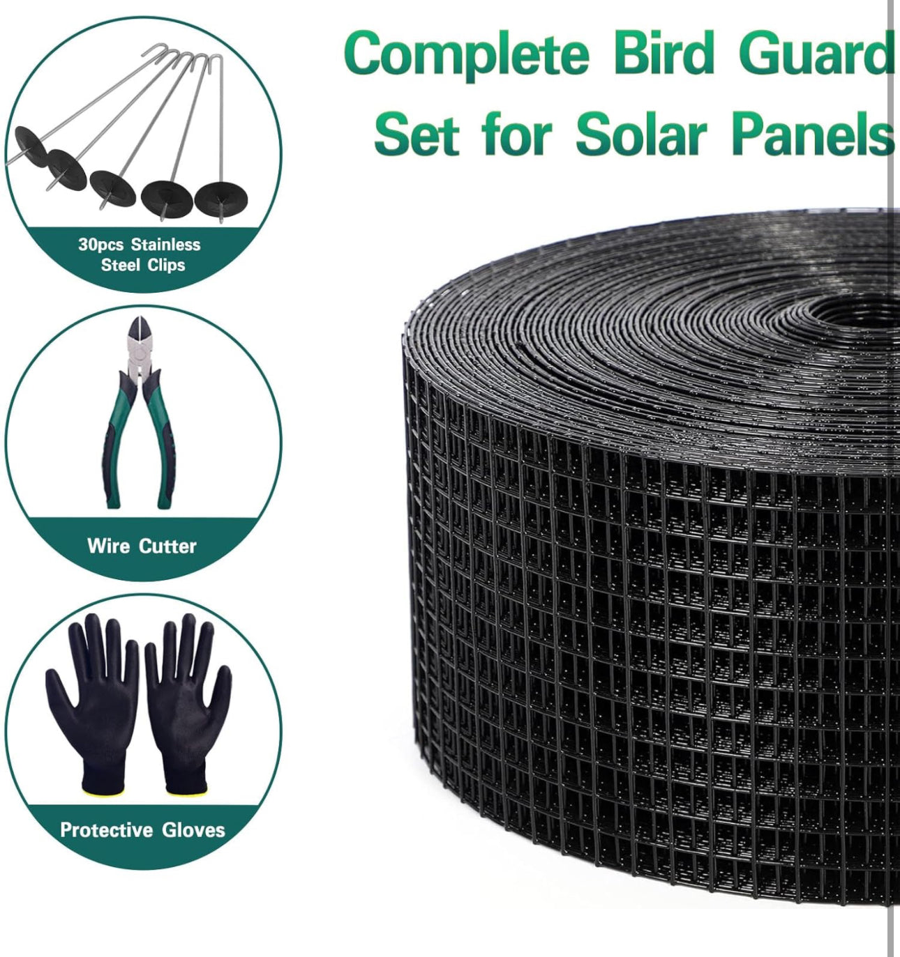 Solar Panel Bird Guard,6" x50'Critter Guard,PVC Coated Galvanized Critter Guard for Solar Panels with 30pcs Fastener Clips,Plier,Gloves,Solar Panel Mesh for Bird Proof Pigeon Fence