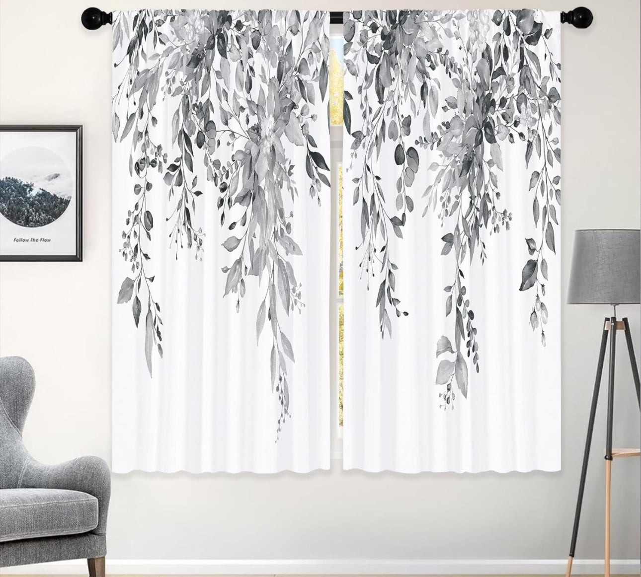 Laifzere Eucalyptus Grey White Leaves Curtains, Black Botanical Flower Window Curtains 42x63 Inch for Bedroom Living Room Decor, Floral Plant Herb Window Drapes Treatment Draperies Fabric (2 Panels