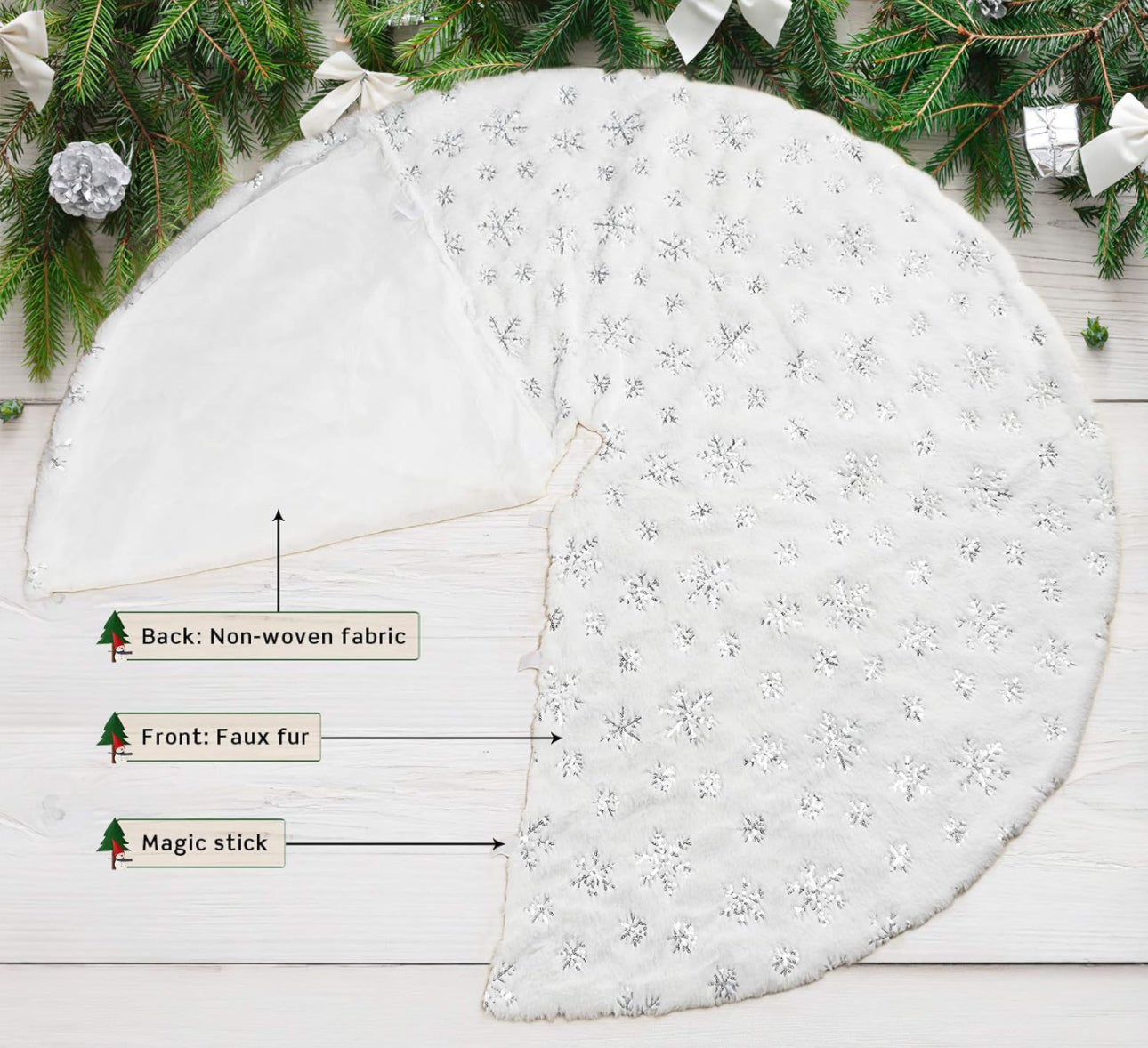 COOLWUFAN 48 Inches Christmas Tree Skirt for Xmas Tree Holiday Party Decorations White Plush Silver Sequin Snowflake (Silver)