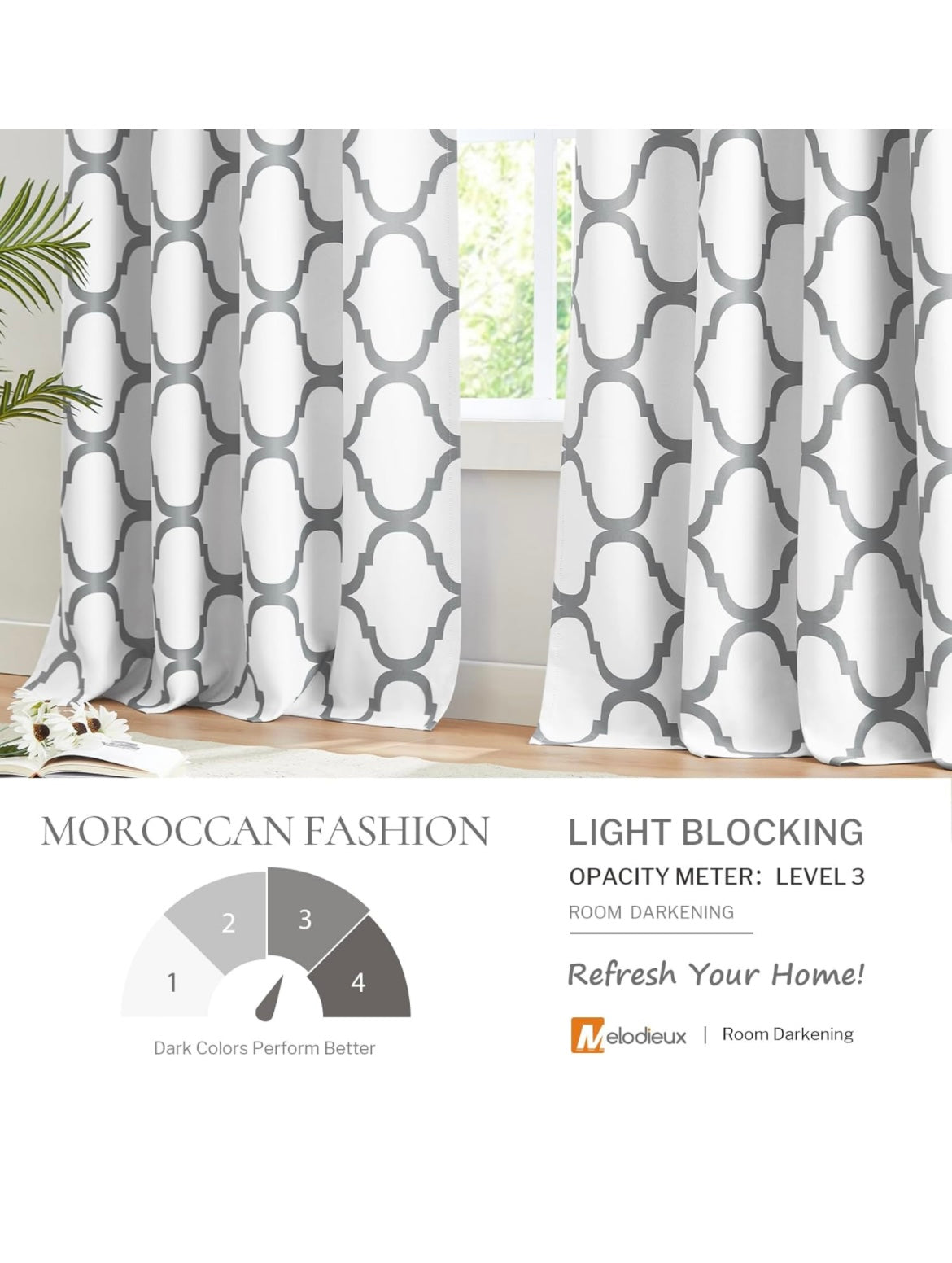 Melodieux Moroccan Printed Room Darkening Blackout Grommet Curtains for Living Room Bedroom, 52 by 84 Inch, Off White/Grey (2 Panels)