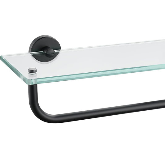 JQK Bathroom Glass Shelf, Shelf with 15 Inch Towel Bar Tempered Glass Shower Storage 16 by 5 inches, 304 Stainless Steel Matte Black Wall Mount, TGS100-PB