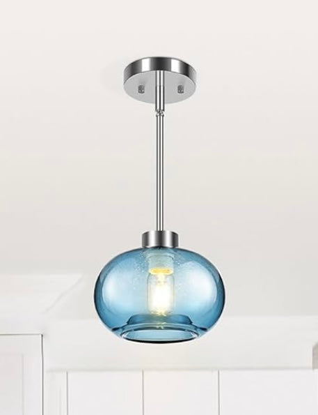 GOEBLESON Pendant Light Kitchen Island, Hand Blown Glass Modern Farmhouse Blue Light, UB06DD05