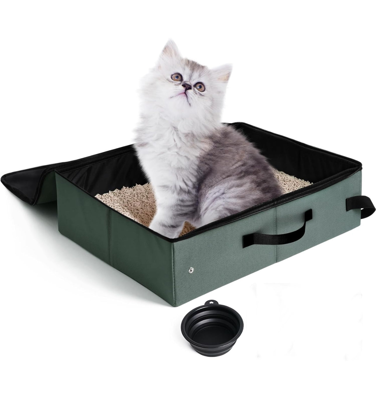 Portable Litter Box with Lid, Leak-Proof Collapsible Cat Litter Box Great for Travel Hotel Stays and Road Trip 18x14x5.5 Inches (olive gray box, collapsible bowl, & scoop, Large)