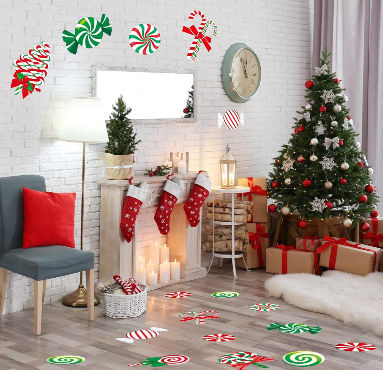 45 Pcs Peppermint Floor Stickers Decals Christmas Candyland Party Decorations Self Adhesive Christmas Candy Stickers for Xmas Valentine's Day Floor Window Clings Decor (Cute Style)