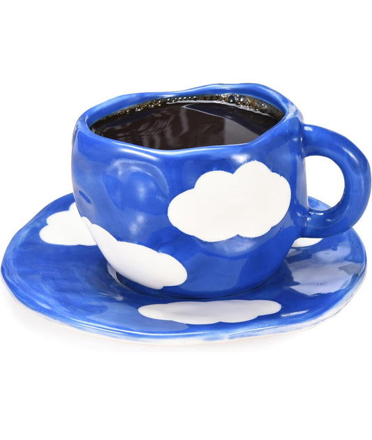 Japanese Hand Painted Coffee Cup with Saucer - 10oz Ceramic Coffee Mug - Dishwasher and Microwave Safe - Cute Coffee Mugs Suitable for Coffee, Milk, and Tea - Blue and White Clouds