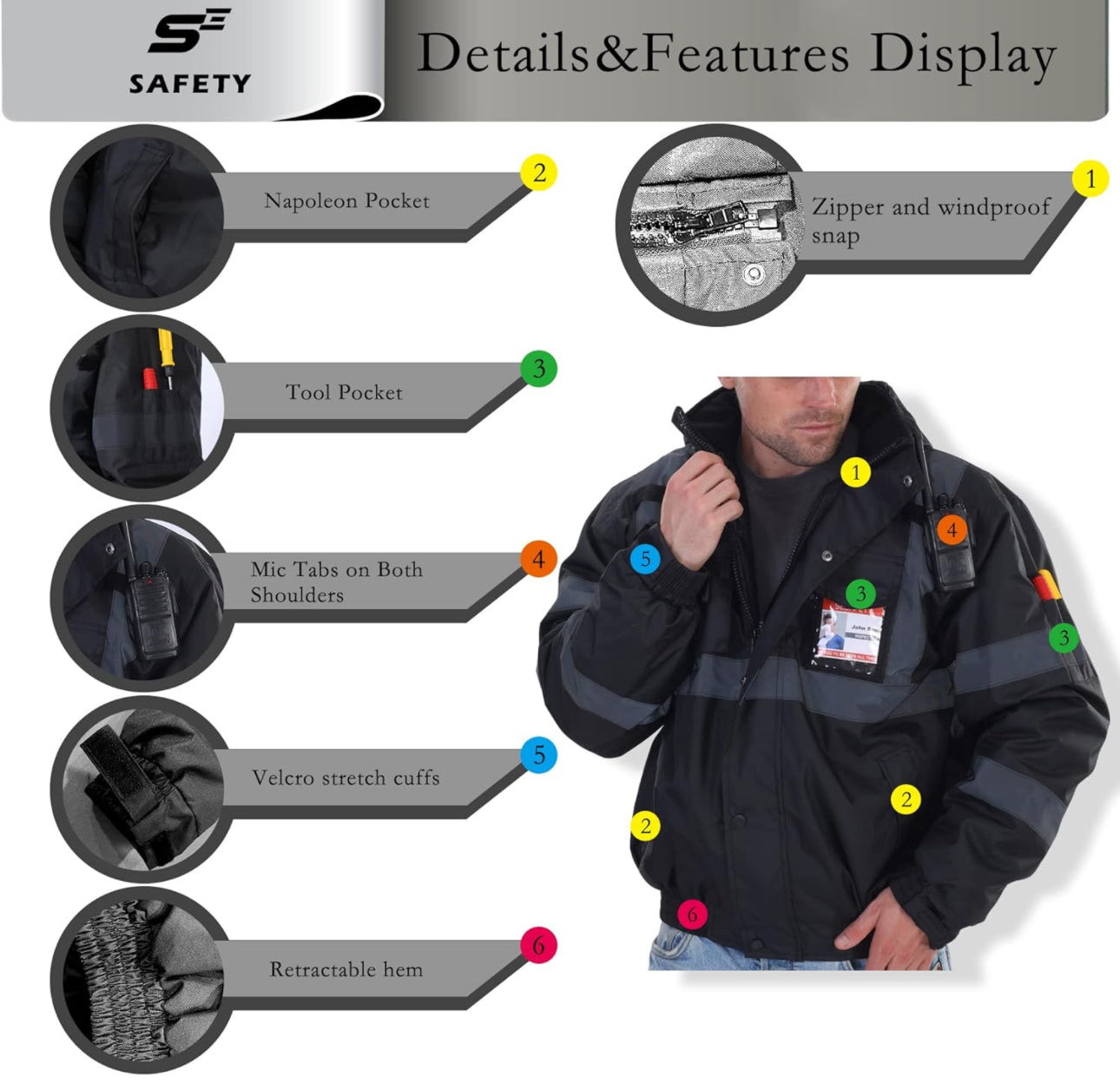 sesafety Reflective Hi Vis Bomber Black Jacket Men, High Visibility Safety Rain Jacket for Men, Work, Construction, L