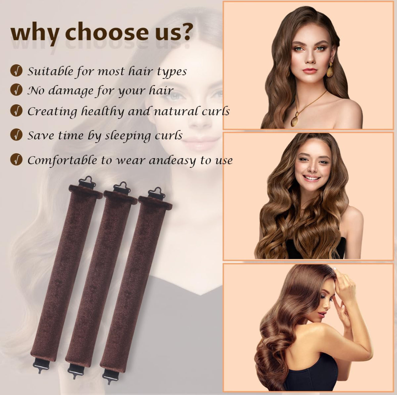 Heatless Hair Curler Overnight Blowout Curls Rods with Luxury Cloth Bag Silk Scarf, Heatless Curling Rod Headband to Sleep in No Heat Curling Headband with Hook for All Hair Types (3PC Brown