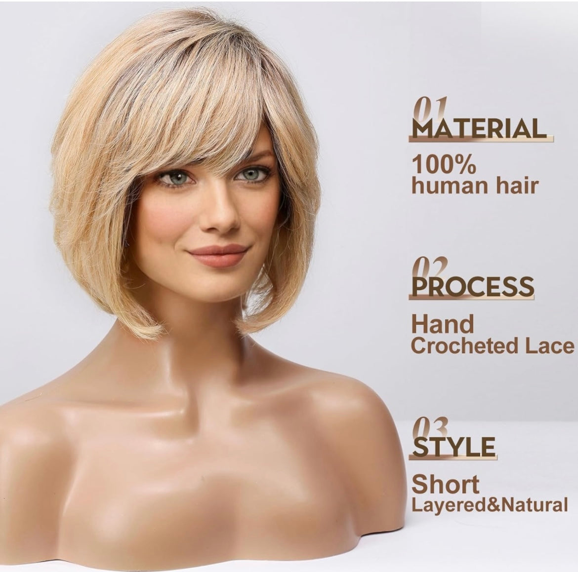 HAIRCUBE Short Blonde Wig for Women Hand-Tied Lace Front Human Hair Wig Layered Bob Wig with Bangs Blonde with Brown Roots Natural Wig for Daily Use