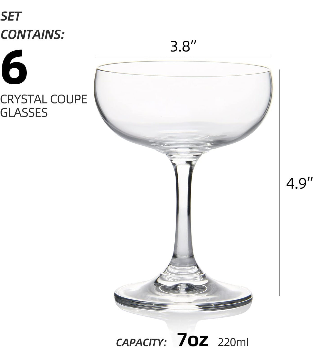 FAWLES Crystal Coupe Glasses, Set of 6, 7 Ounce(220ml)