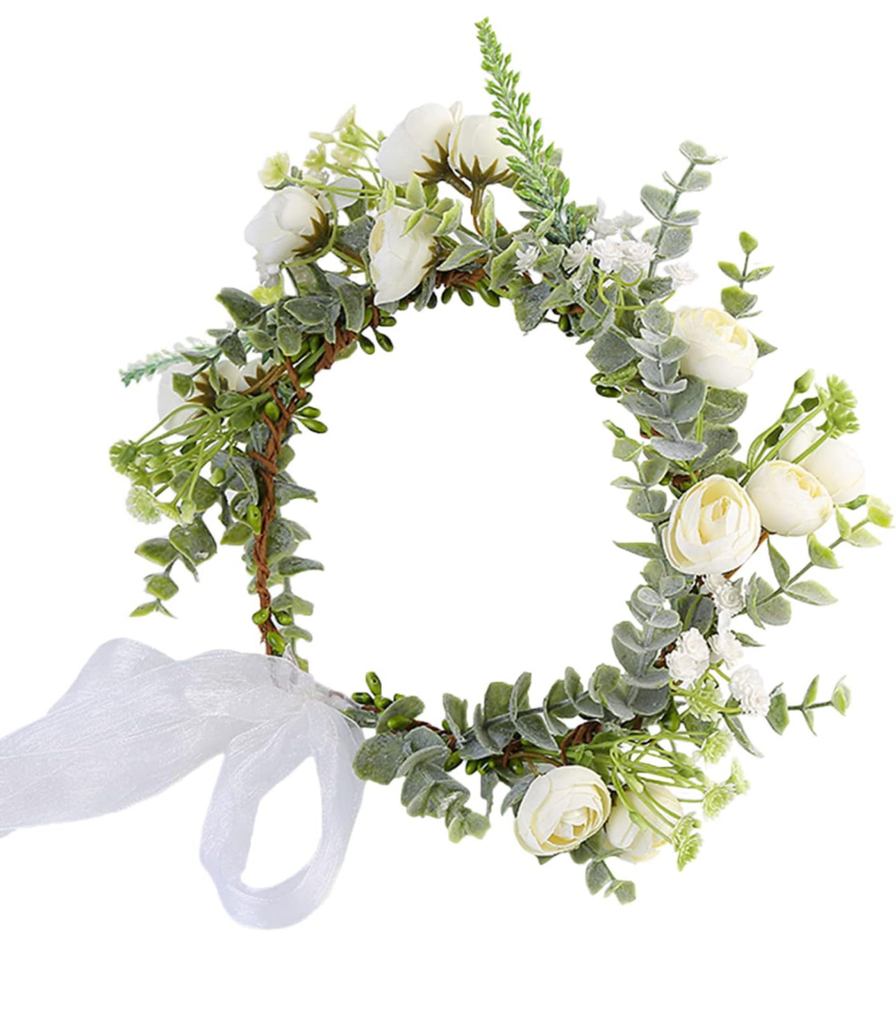 Vivivalue Rose Flower Crown Flower Garland Headband Hair Wreath Floral Headpiece Halo Boho with Ribbon Wedding Party White