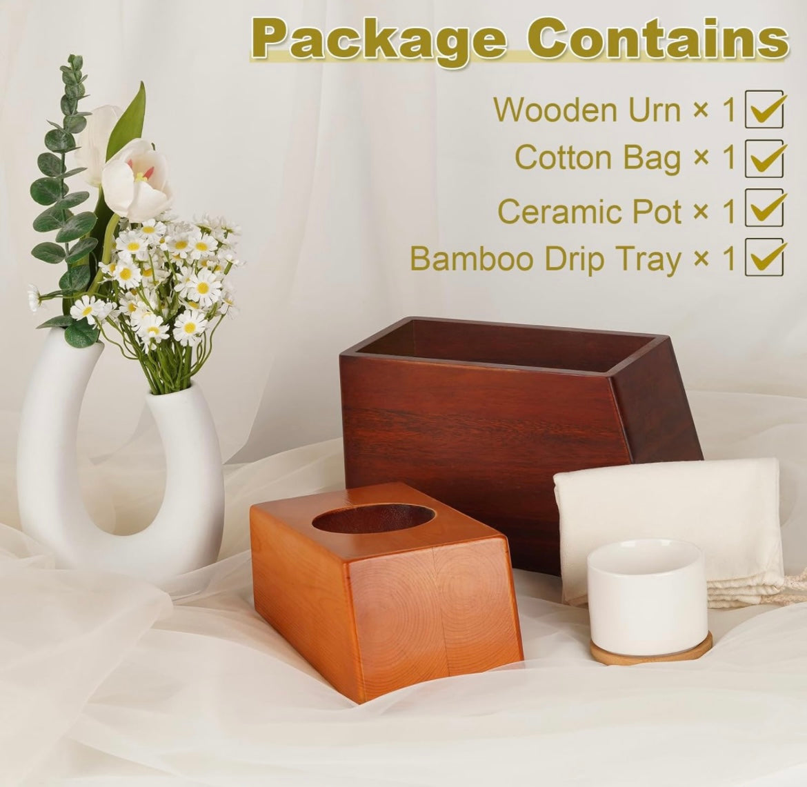 Decorative Urns Earns for Ashes Handmade Solid Wooden Urn for Ashes for Men Memorial Magnetic Funeral Cremation Urn Human Ashes Adult Female with Ceramic Pot and Cotton Bag