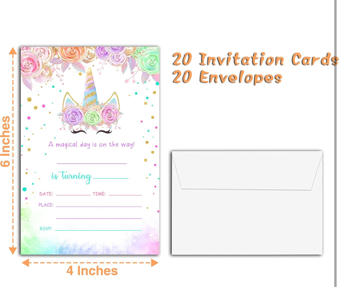 Magical Day Birthday Party Invitations, 20-Count Floral Style Birthday Party Invites With Envelopes