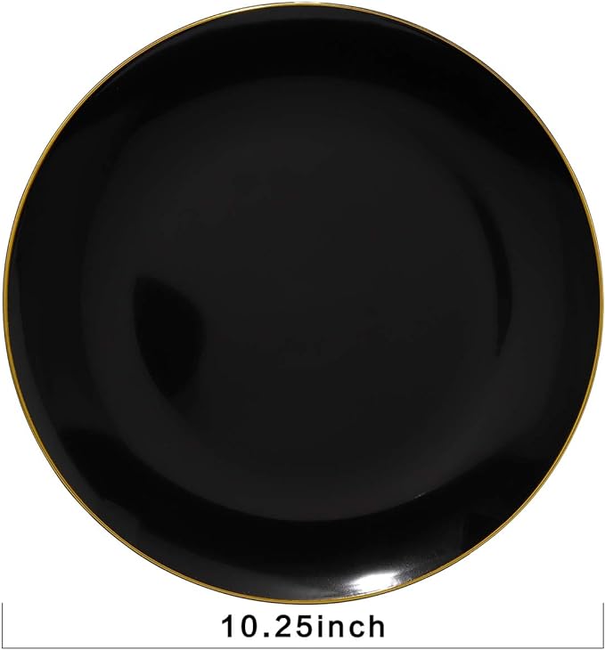 50pcs Black and Gold Plastic Plates - 10.25inch Black Disposable Plates - Gold Plastic Plates