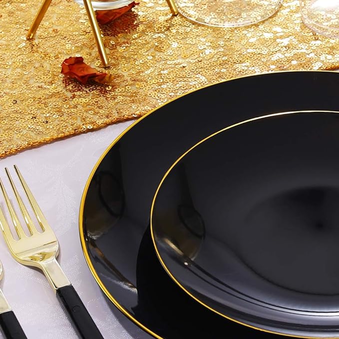 50pcs Black and Gold Plastic Plates - 10.25inch Black Disposable Plates - Gold Plastic Plates