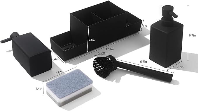 Kitchen Soap Dispenser with Sponge Holder Set for Sink Caddy, Hand Soap and Dish Soap Dispenser with Brush Matte Black
