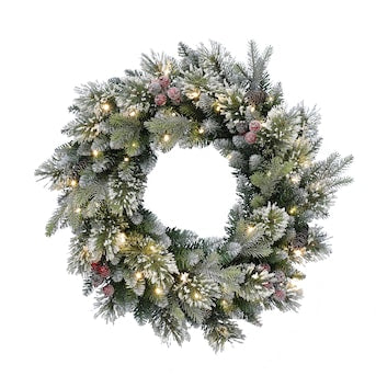 Holiday Living Frost Berry 26-in Flocked Pre-lit Indoor/Outdoor Battery-operated Green Mixed Needle Artificial Christmas Wreath