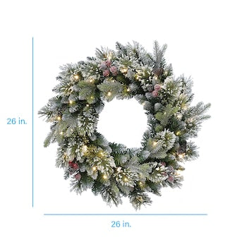 Holiday Living Frost Berry 26-in Flocked Pre-lit Indoor/Outdoor Battery-operated Green Mixed Needle Artificial Christmas Wreath