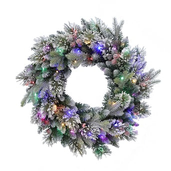 Holiday Living Frost Berry 26-in Flocked Pre-lit Indoor/Outdoor Battery-operated Green Mixed Needle Artificial Christmas Wreath