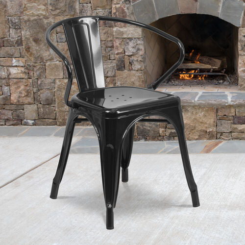 Luna Commercial Grade Black Metal Indoor-Outdoor Chair with Arms