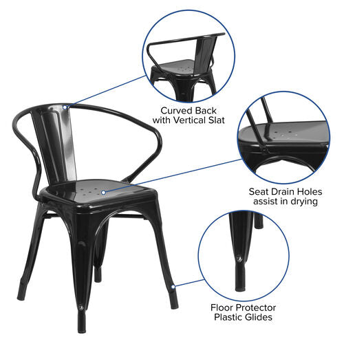 Luna Commercial Grade Black Metal Indoor-Outdoor Chair with Arms