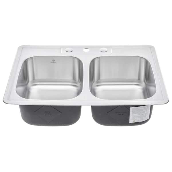 eModernDecor
Topmount Drop In Stainless Steel 33 in. x 22 in. x 9 in. Deep 3 Faucet Holes Double Bowl 50/50 Kitchen Sink Combo
